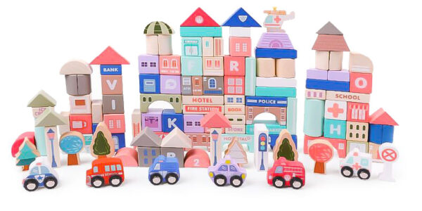 Koka izglītojoši bloki pilsēta ar paklājiņu 115 gab ECOTOYS