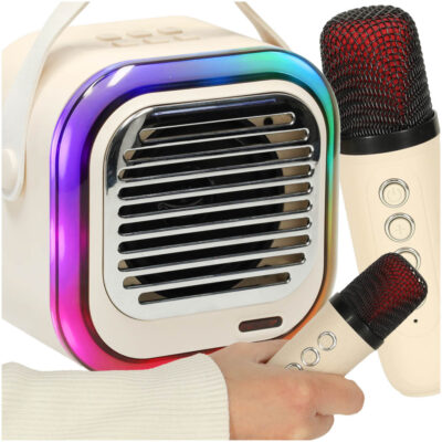 XL Bluetooth karaoke speaker set 2 microphones USB LED 10W cream