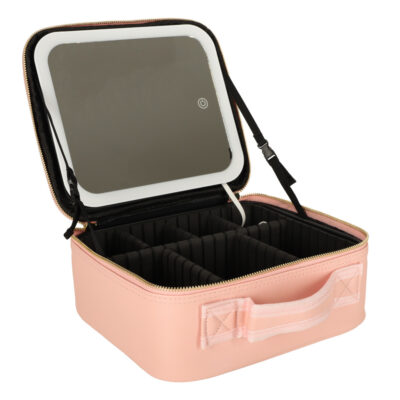 Cosmetics organizer jewelry trunk with mirror 10x magnification pink