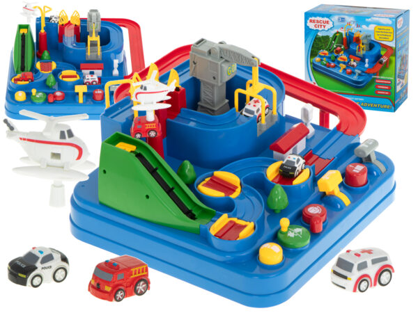 Полоса препятствий интерактивная гоночная парковка 3 машины полиция скорая помощь, 1 вертолет 32x32см XXL