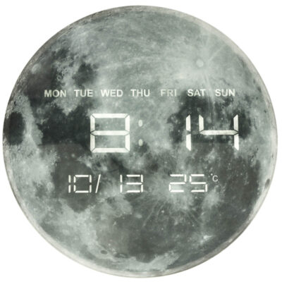 Planet moon wall clock with LED display 32 cm grey