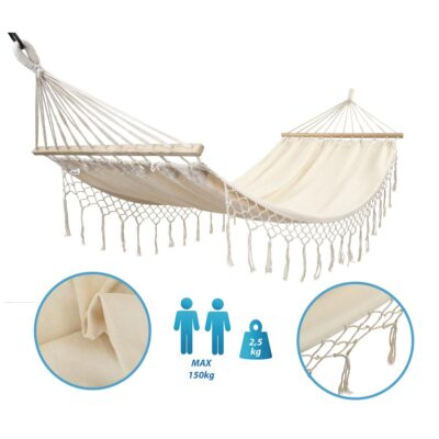 ГАМАК САДОВЫЙ НА 2 ПЕРСОНЫ 200Х150 СМ С ПЕРЕКЛАДИНОЙ И КИСТОЧКАМИ MIAMI ECRU