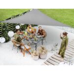 Top view on a beautiful backyard with people dining