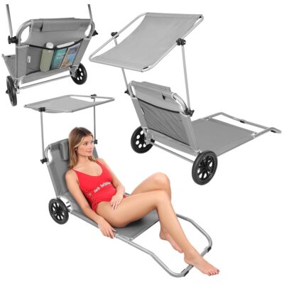 folding beach chair with canopy on wheels 116x62x62-90CM grey