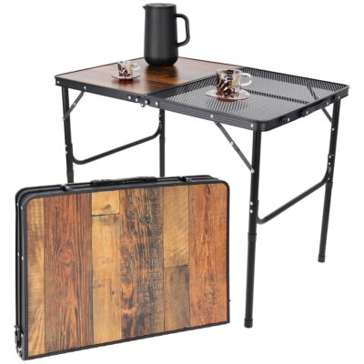 TRAVEL TABLE FOLDING CAMPING 90X60X36-68CM STEEL MESH WOOD