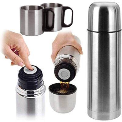 TRAVEL THERMOS 1000ML WITH 2 CUPS SILVER
