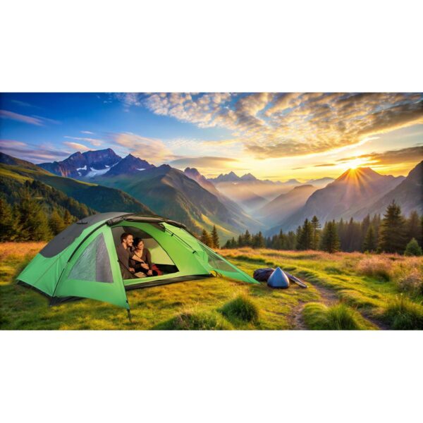 Scenic tourist camp in the mountains, with a tent in the foregro Scenic tourist camp in the mountains, with a tent in the foregro