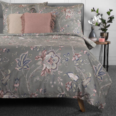 Bedding | CLARAS | microfibre grey with leaves and flowers | 160x200 cm | SS23 997901