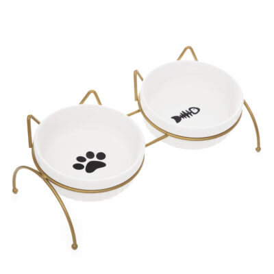 Set of cat bowls | CATTY | for cats on gold stand | 27x13x11 cm | 884417