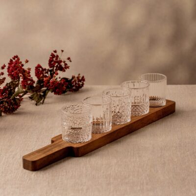 Set of vodka glasses | AMUZO | on acacia tray | 5x0,08 l | 751387