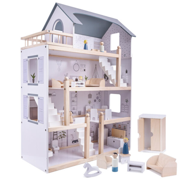 Domek-dla-lalek-drewniany-mebelki-80cm-bialy-szary-166638 Domek-dla-lalek-drewniany-mebelki-80cm-bialy-szary-166638