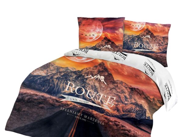 Lamp on wooden table next to a blue and white bed in bedroom int Lamp on wooden table next to a blue and white bed in bedroom int