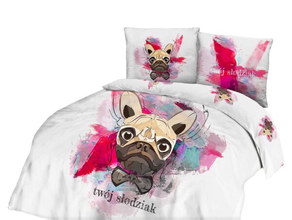 Lamp on wooden table next to a blue and white bed in bedroom int Lamp on wooden table next to a blue and white bed in bedroom int